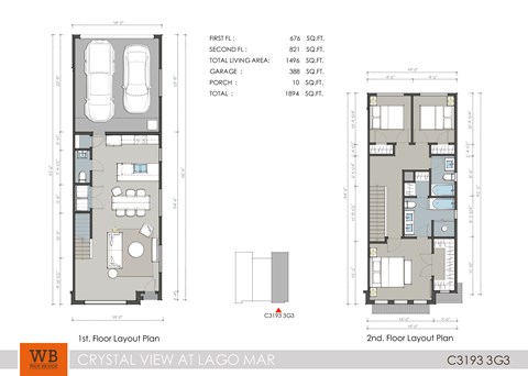 Floor plan for 3 beds, 2.5 baths, 1496 sqft